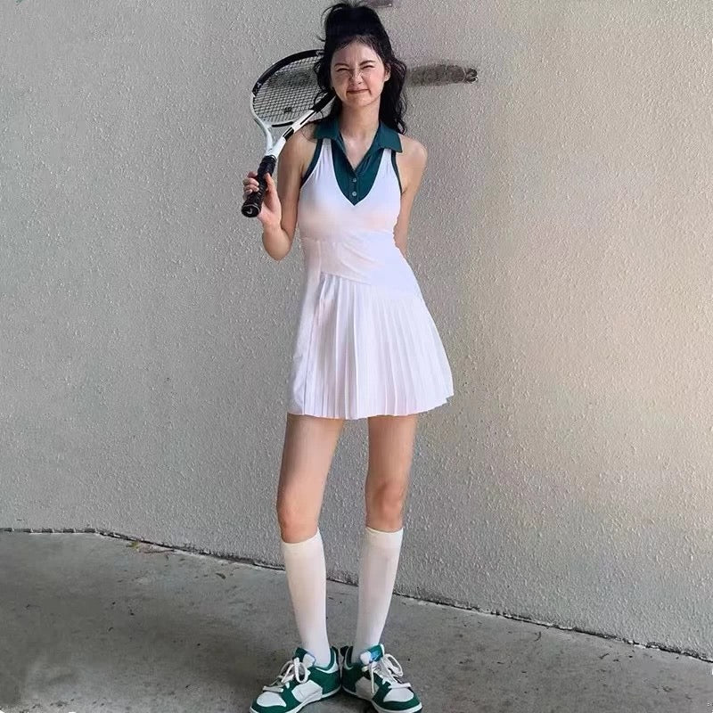 Sleeveless Collar Golf/Tennis Sport Dress + Shorts Set (White, Navy)