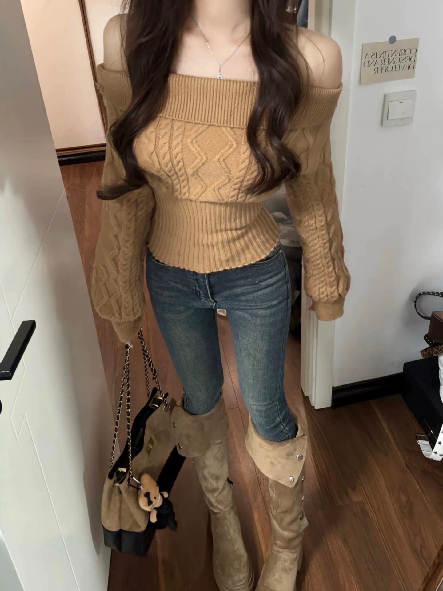 Multi Wear Off Shoulder Long Sleeve Crop Knitted Top With Collar