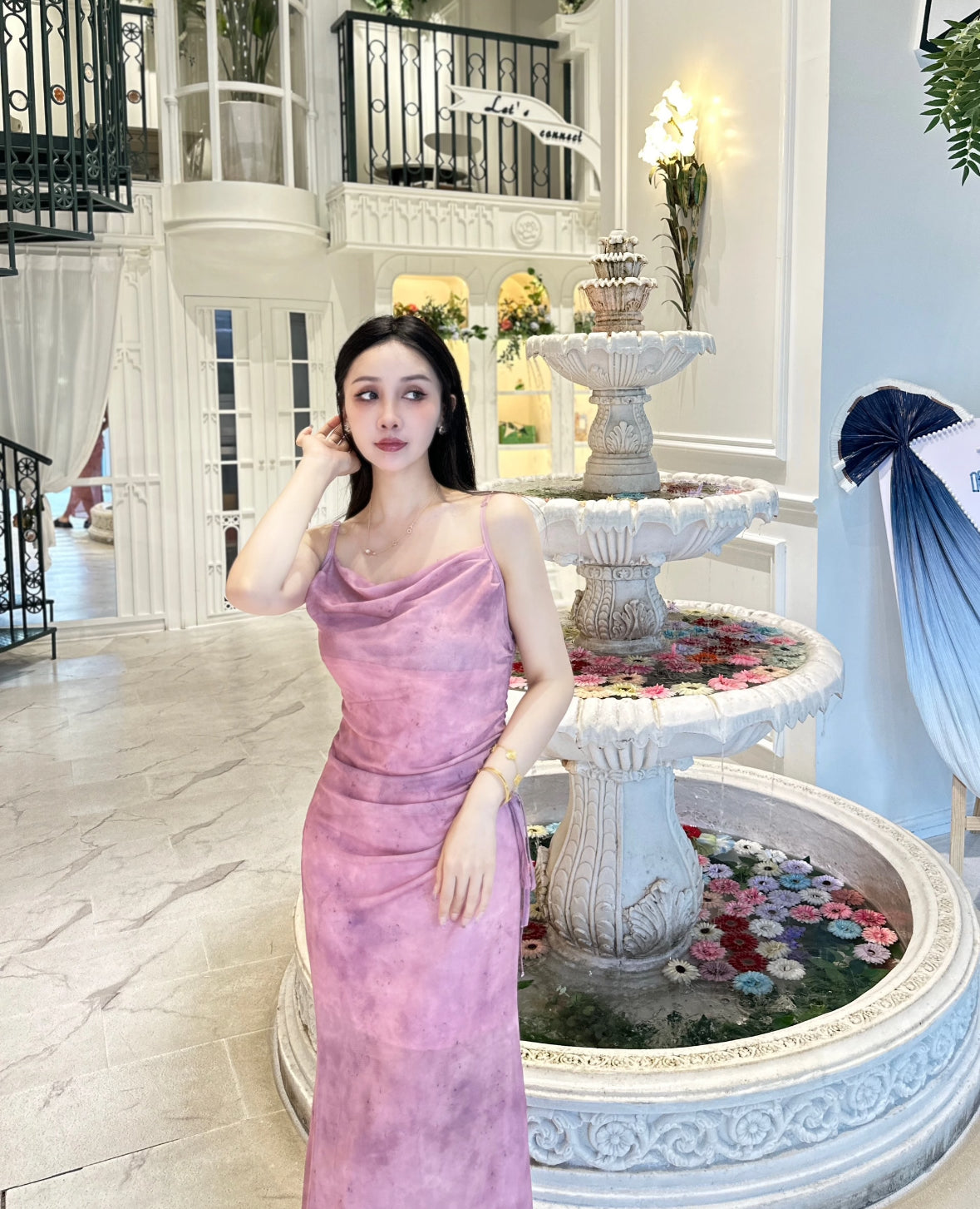 Mesh Side Tie Strap Long Dress (Pink, Blue, Grey)