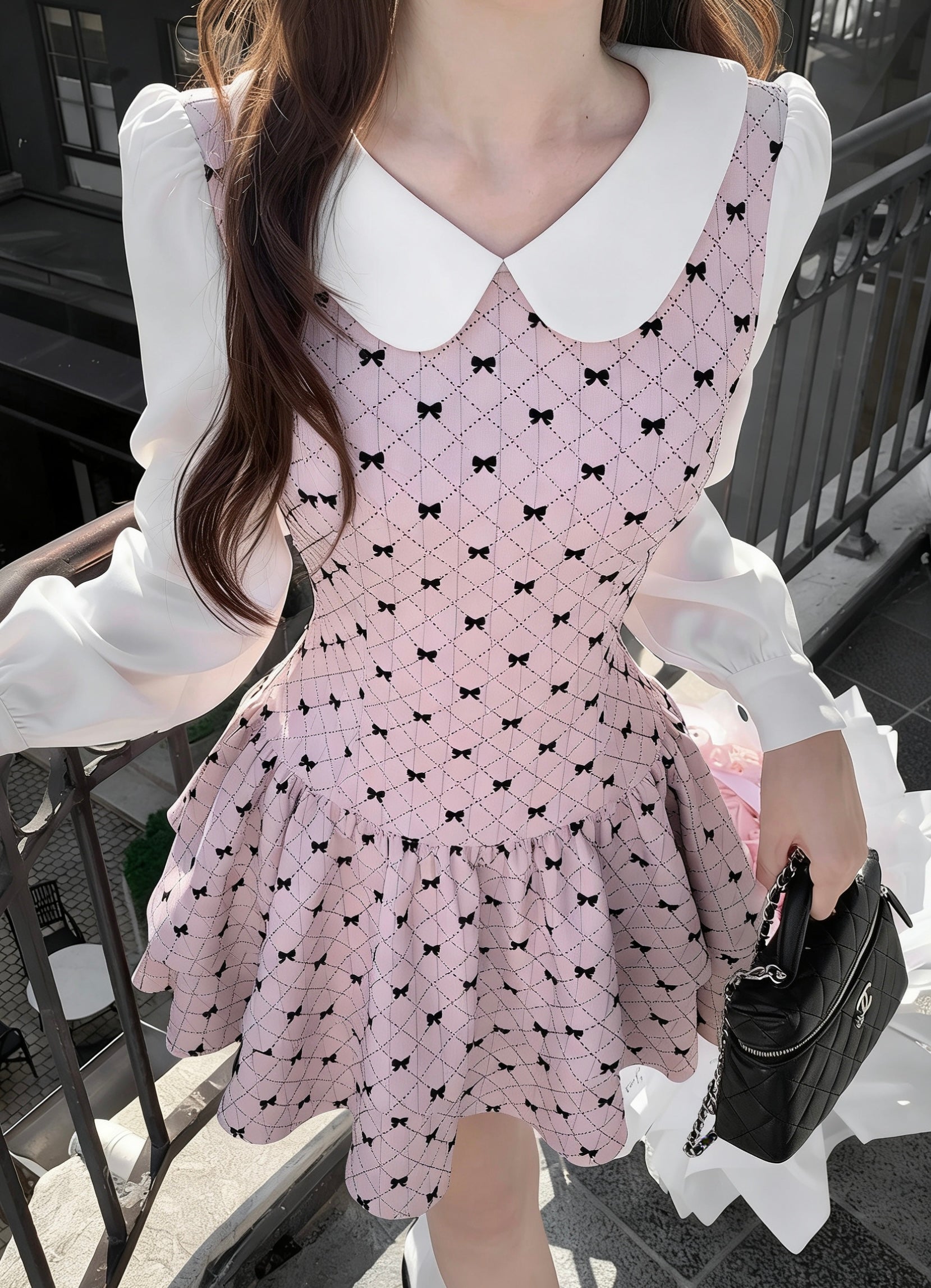 Premium Pinky Bow Long Sleeve Dress