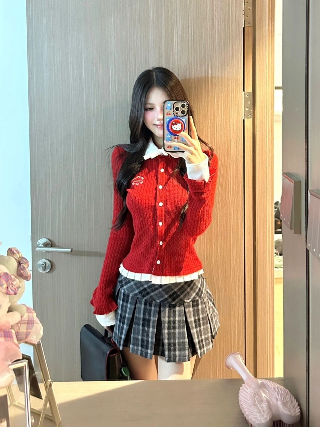Cute Collar Red Long Sleeve Knitted Top