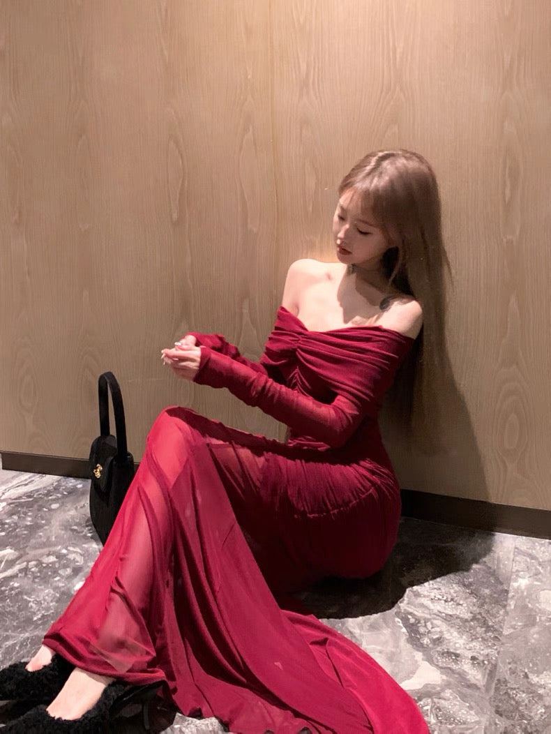 Wine Red Off Shoulder Mesh Dress