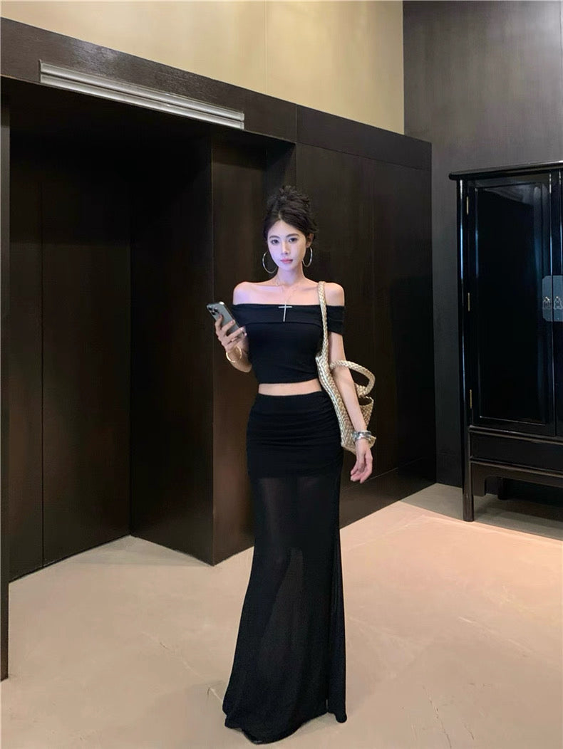 Black Off Shoulder Crop Top + Mesh Long Skirt Two Pieces Set