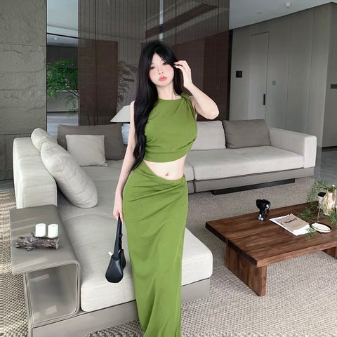 Green Top + Long Skirt Two Pieces Set