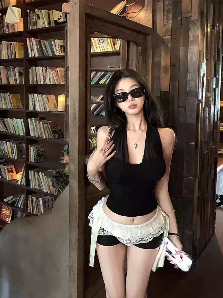 Round Neck Black Mesh Collar Top