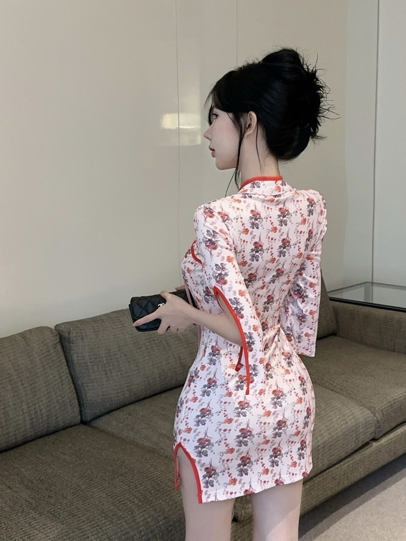 Red Rose Cheongsam Long Sleeve Short Dress (S)