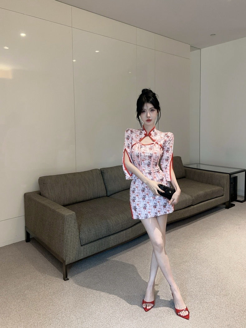 Red Rose Cheongsam Long Sleeve Short Dress (S)