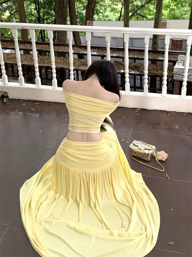 Off Shoulder Long Sleeve Top + Long Skirt Two Pieces Set