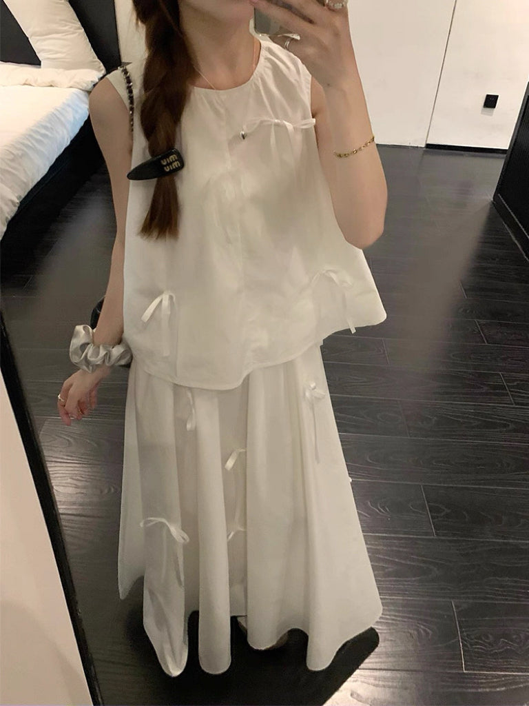 White Ribbons Sleeveless White Top + Skirt Two Piece Set