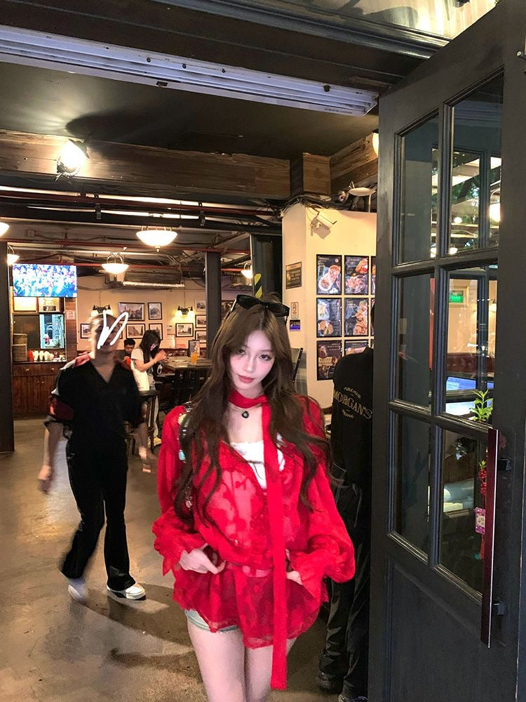 V Collar Lantern Sleeve Thin Top (Black, Red)