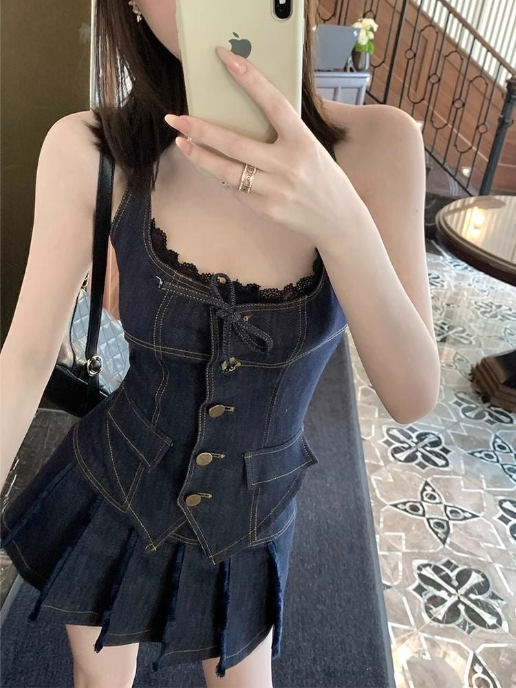 Denim Top + Skirt Two Piece Set (M)