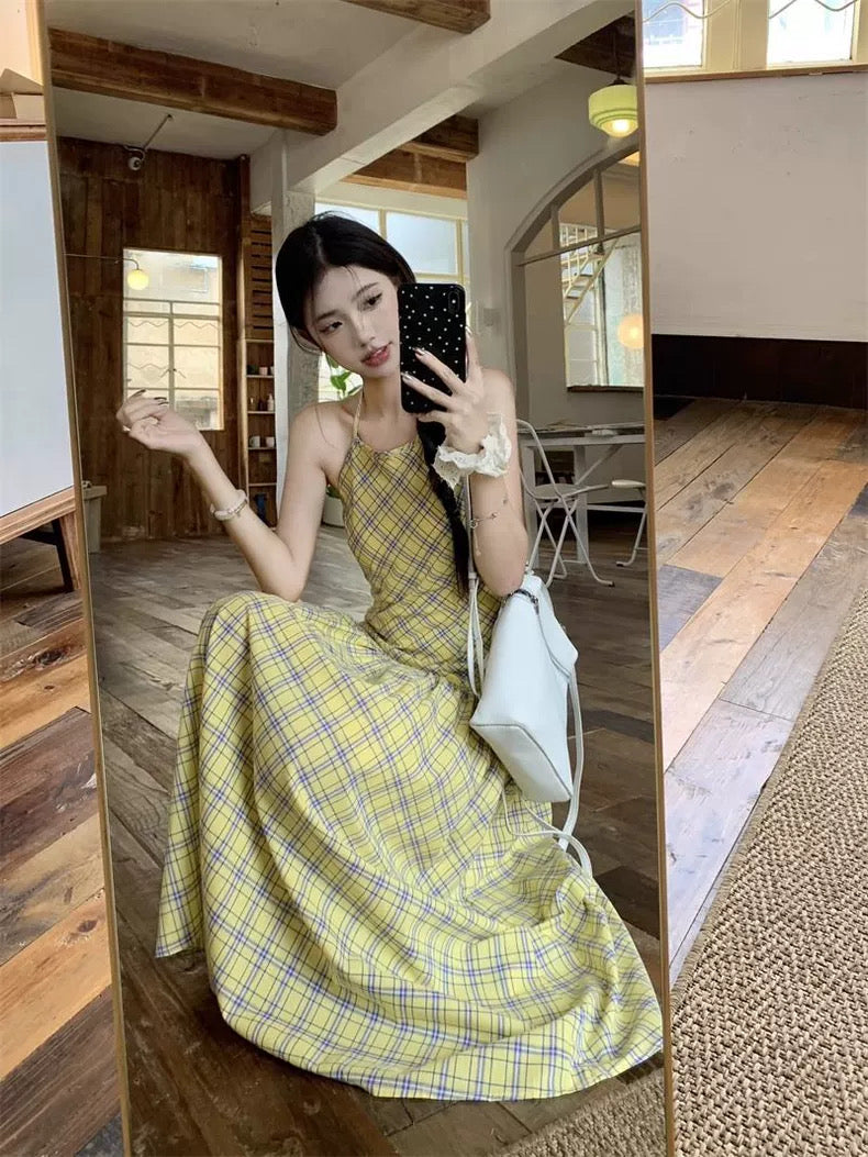 Grid Yellow Long Dress