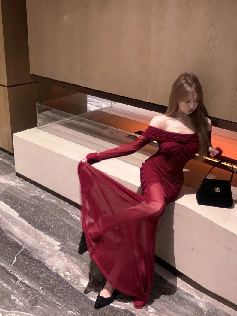 Wine Red Off Shoulder Mesh Dress