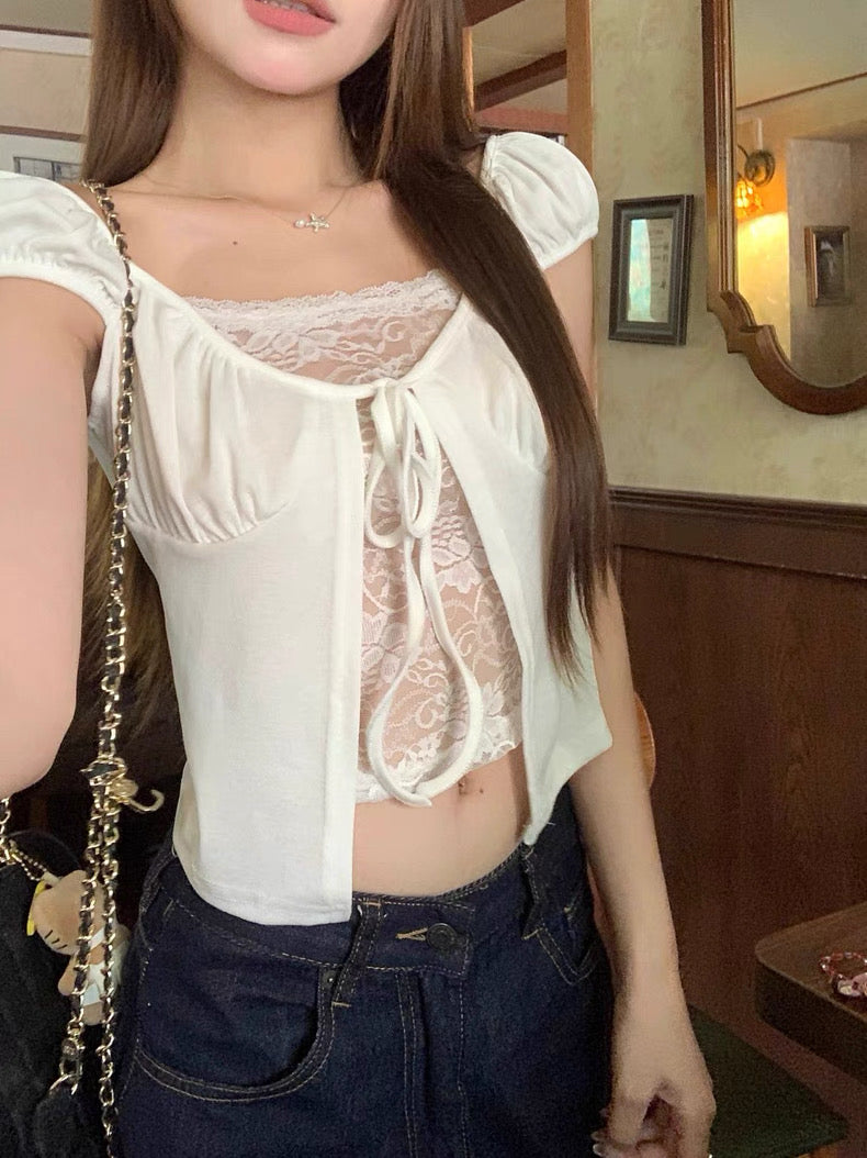 Mix Lacey Puff Sleeve Top (Black)