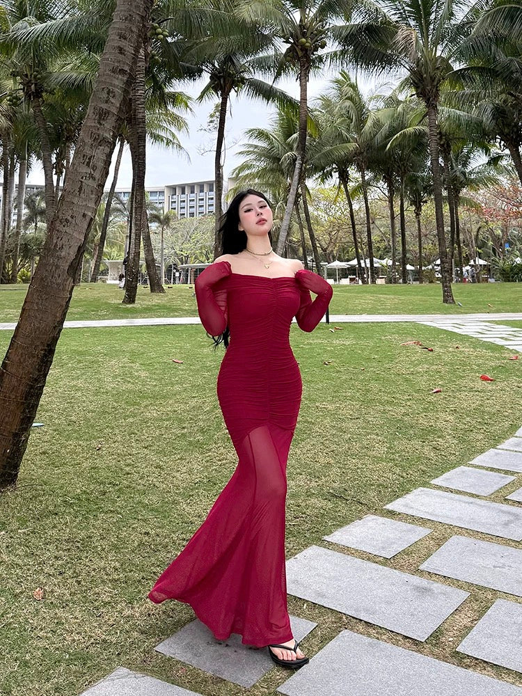 Wine Red Off Shoulder Mesh Dress