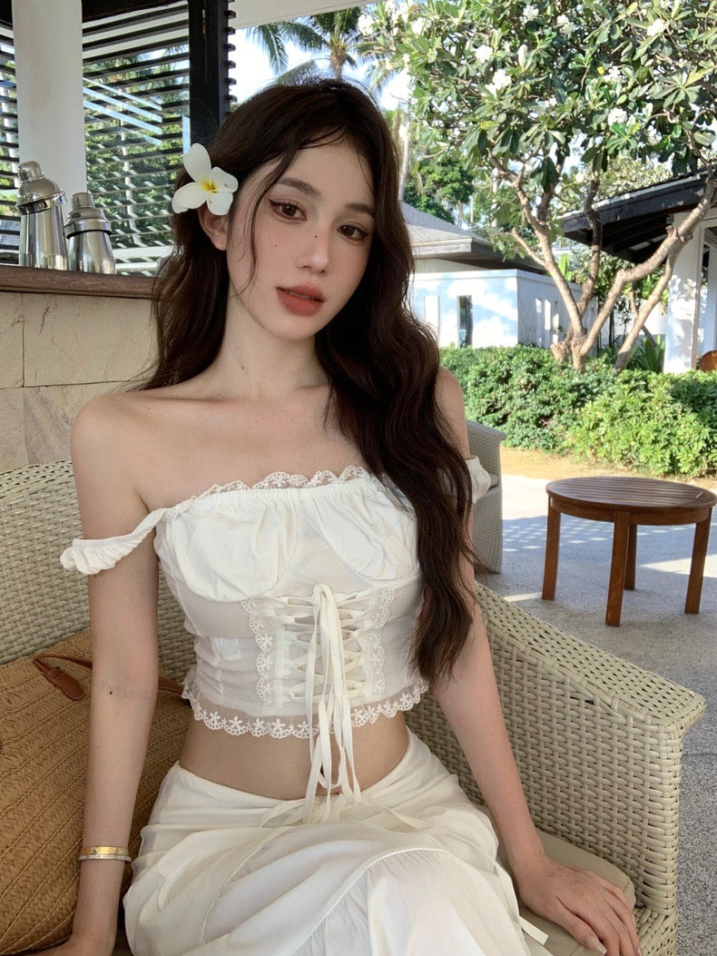 Cream White Lace Top + Long Skirt Two Pieces Set