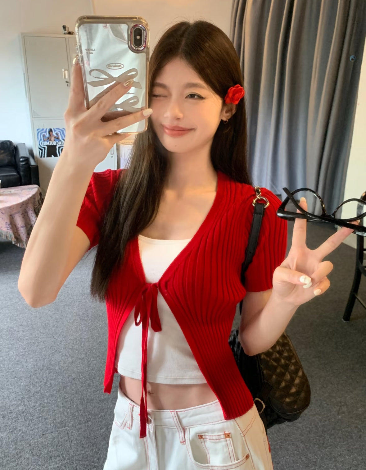 Red Short Sleeve Knitted Cardigan