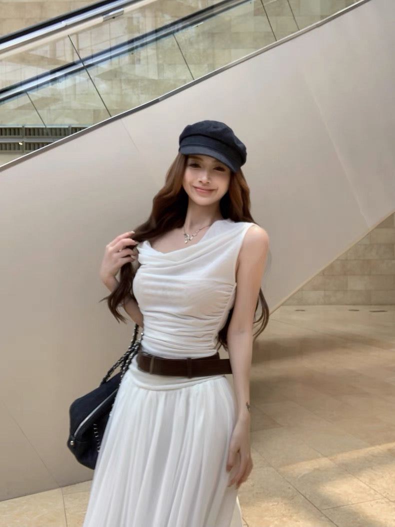 Off Shoulder Mesh Long Dress With Belt
