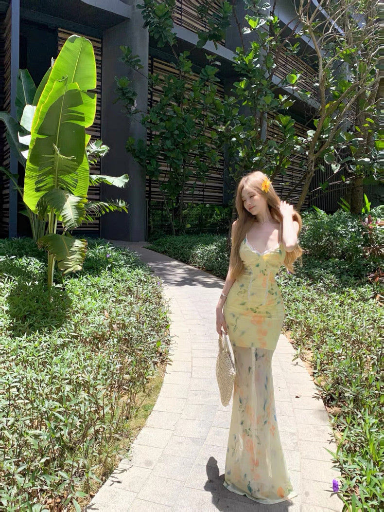 Lace Collar Yellow Long Dress