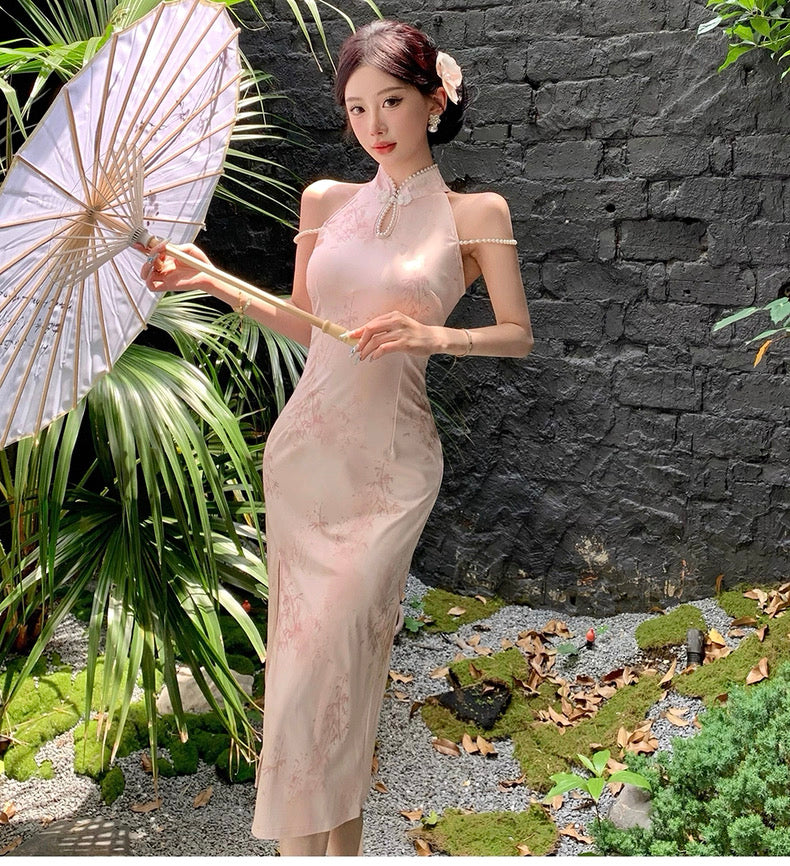 Pearl Strap Pink Cheongsam CD002 Long Dress (S)