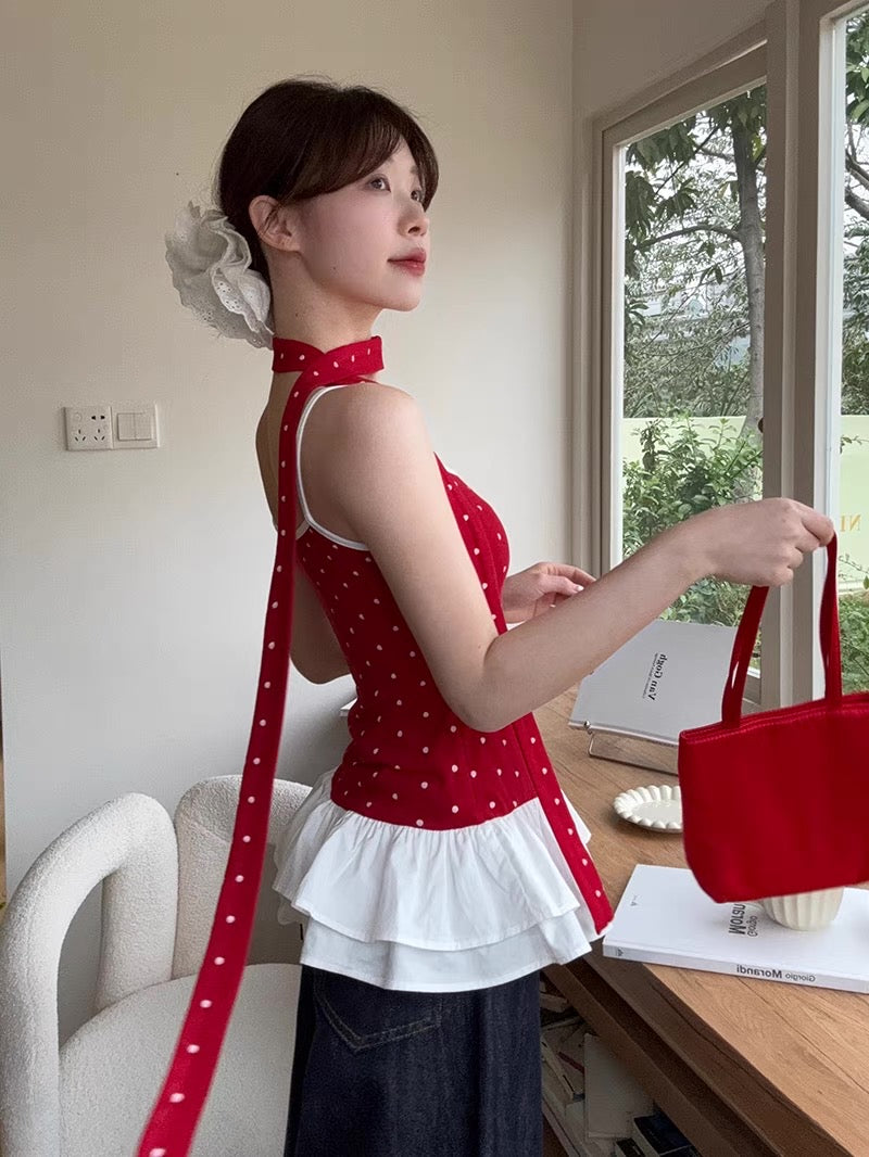 Mini Polka Dot White Layered Bottom Top With Strap