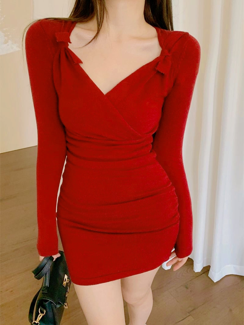 Red V Collar Long Sleeve Mini Dress