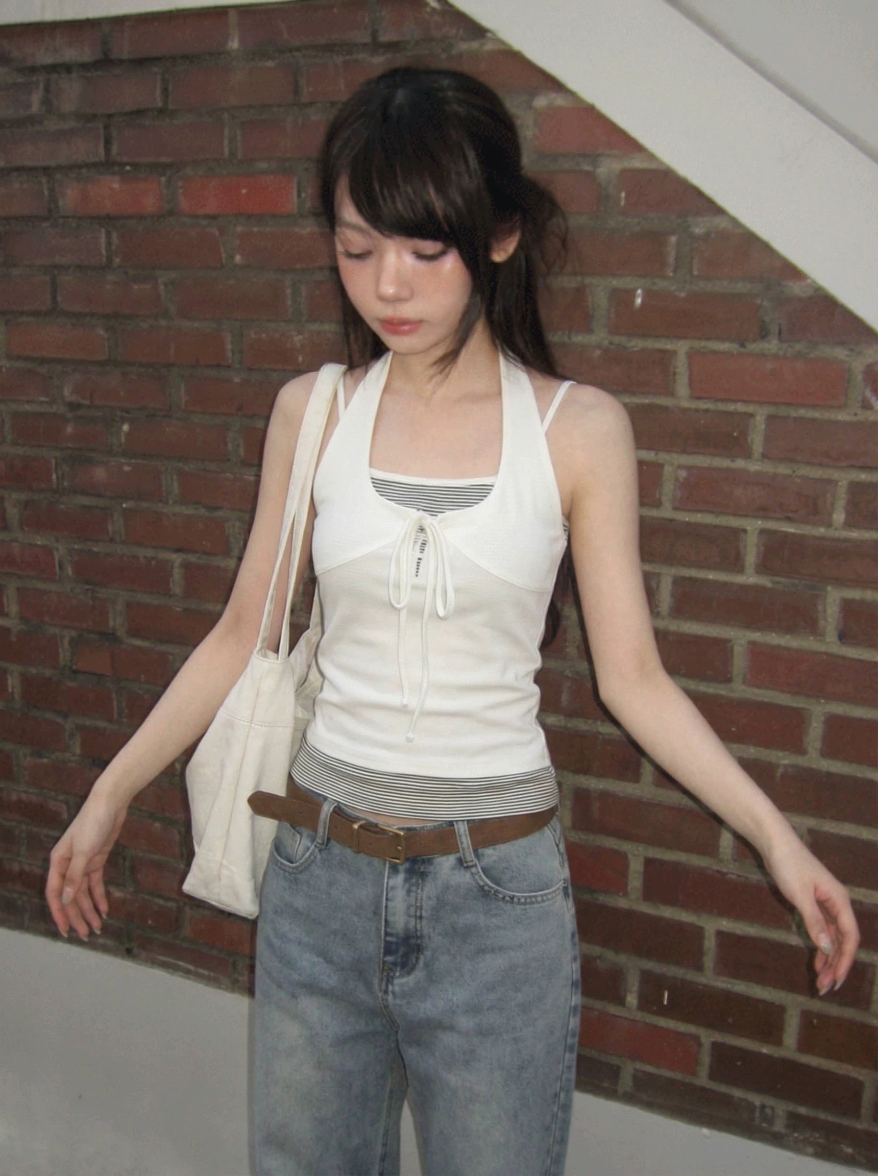 Round Neck Mix Grey Stripe Top