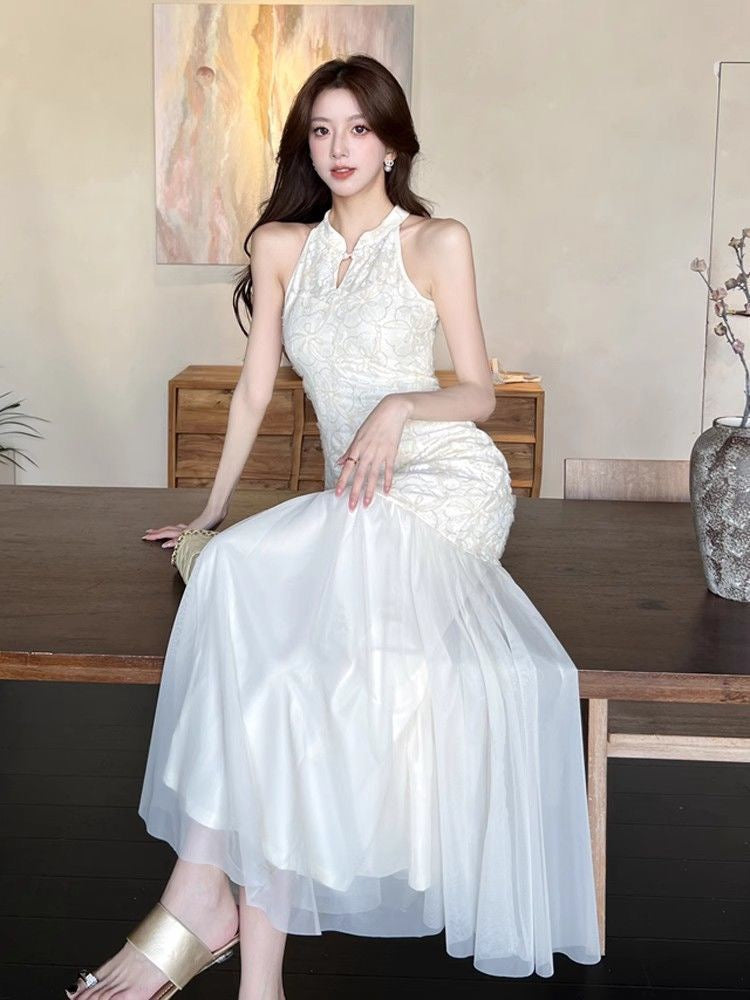 Beige Cheongsam CD022 Long Dress With Cardigan (S, M)