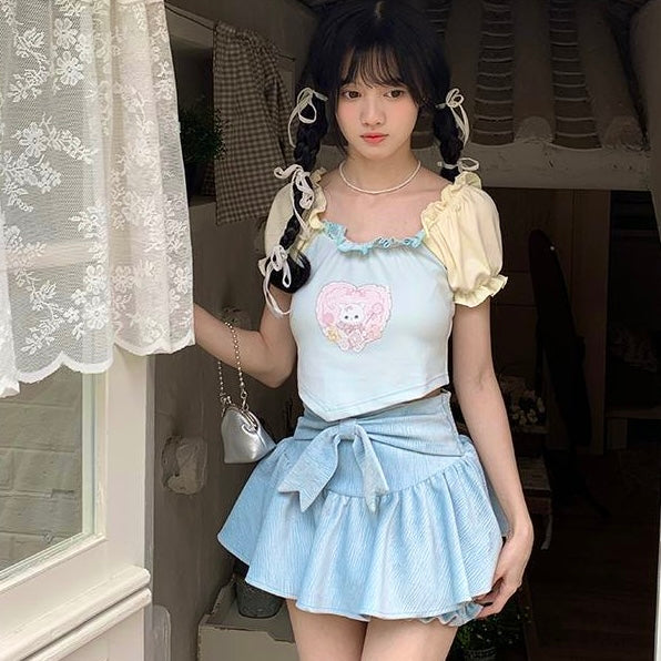 Bow Layered Mini Skirt (Blue, Pink) XS to S