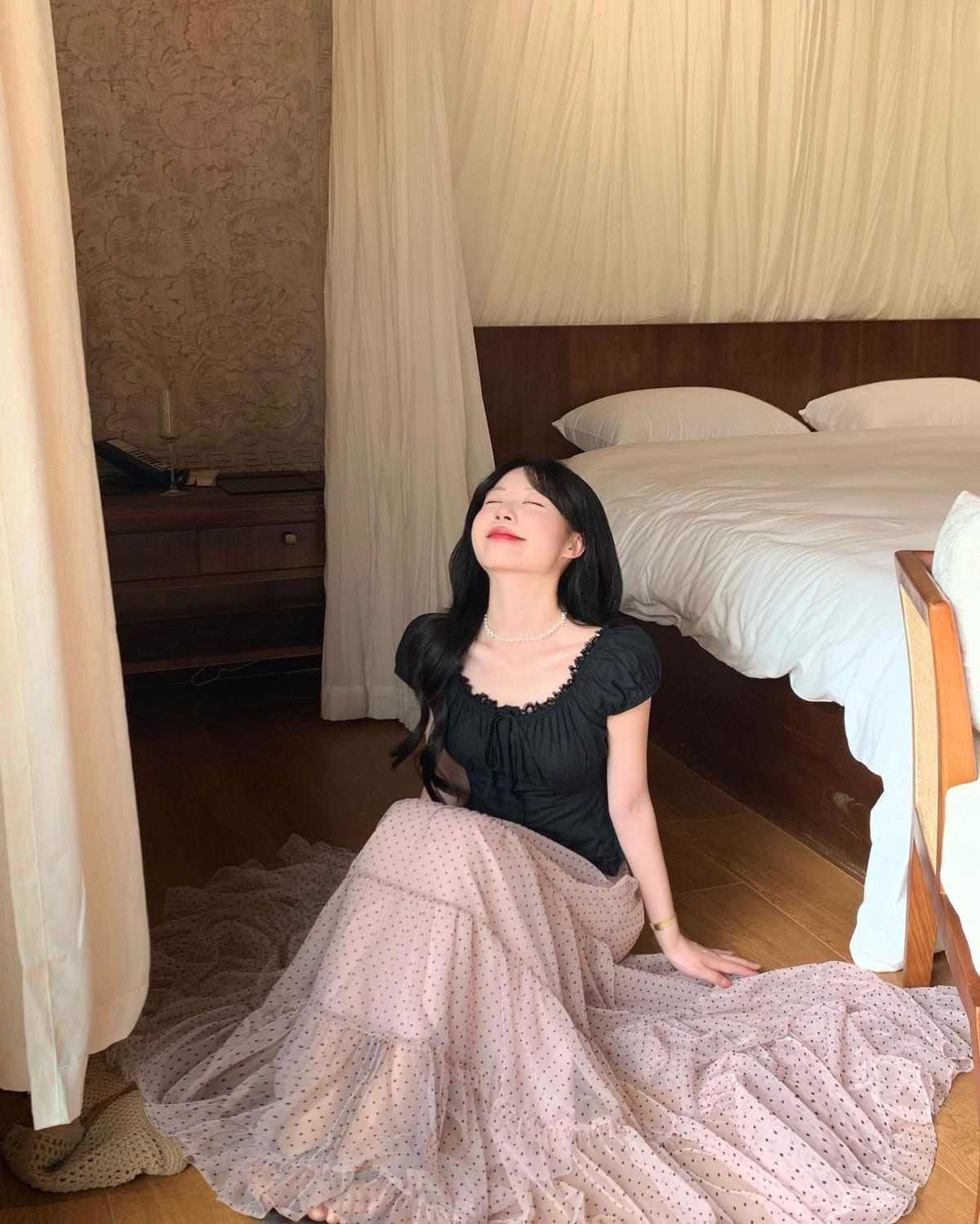 Black Top + Pink Polka Dot Mesh Skirt Two Piece Set