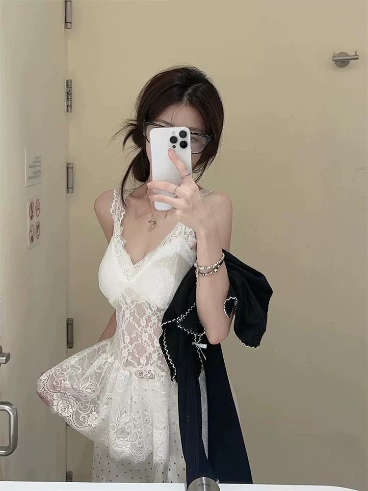 White Ribbon Black Top + White Laces Inner Top Two Piece Set