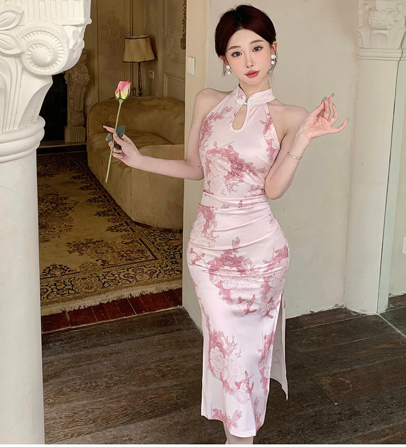 Pink Flower Sleeveless Cheongsam Long Dress (S)