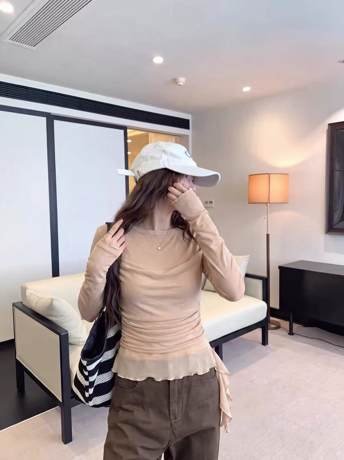 Nude / White Two Layered Mesh Long Sleeve Top