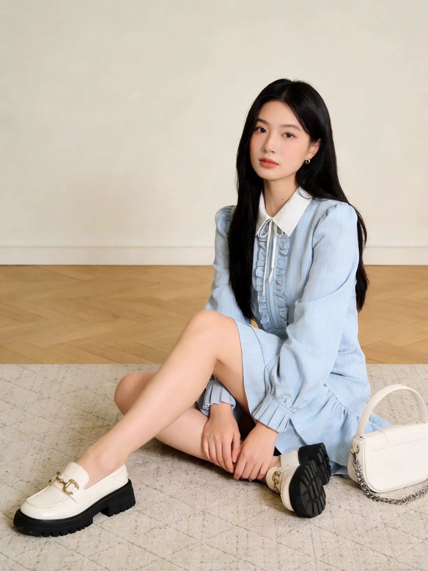 Uni White Collar Blue Long Sleeve Dress