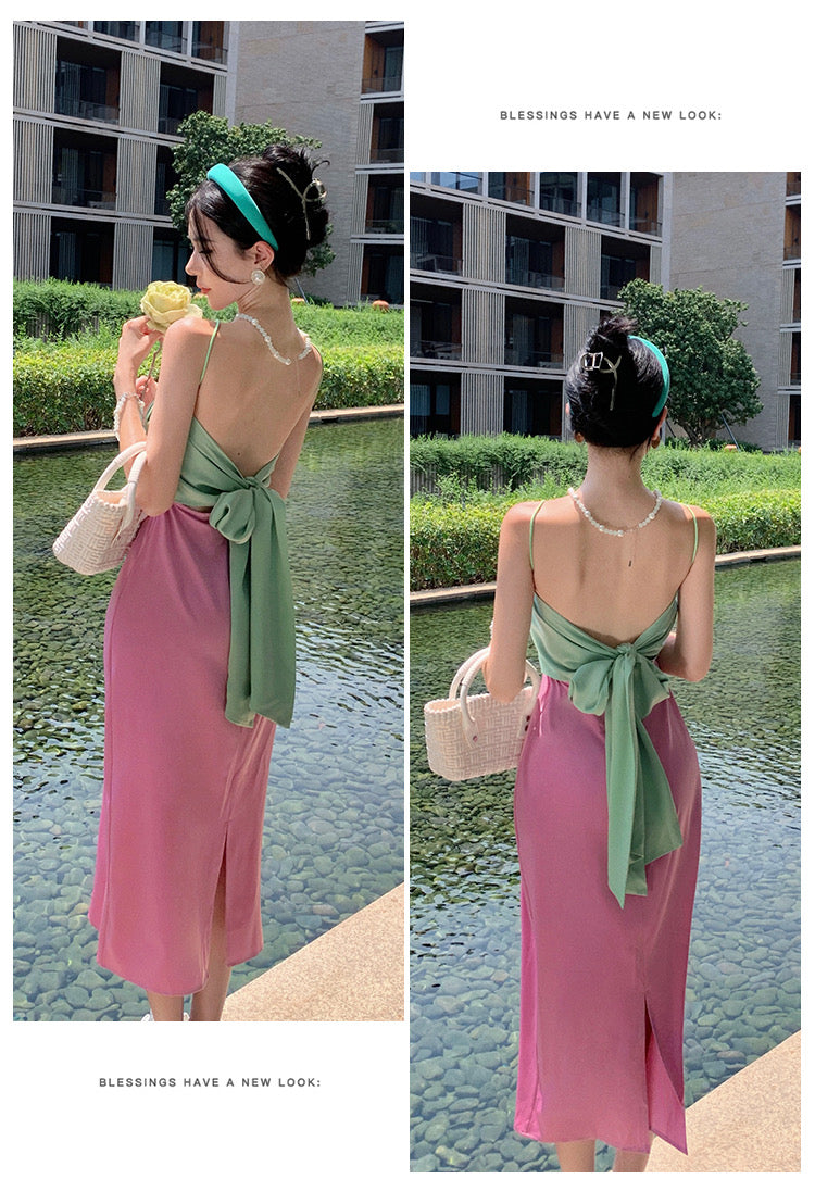 Green Mix Purple Satin Strap Dress (S, M)