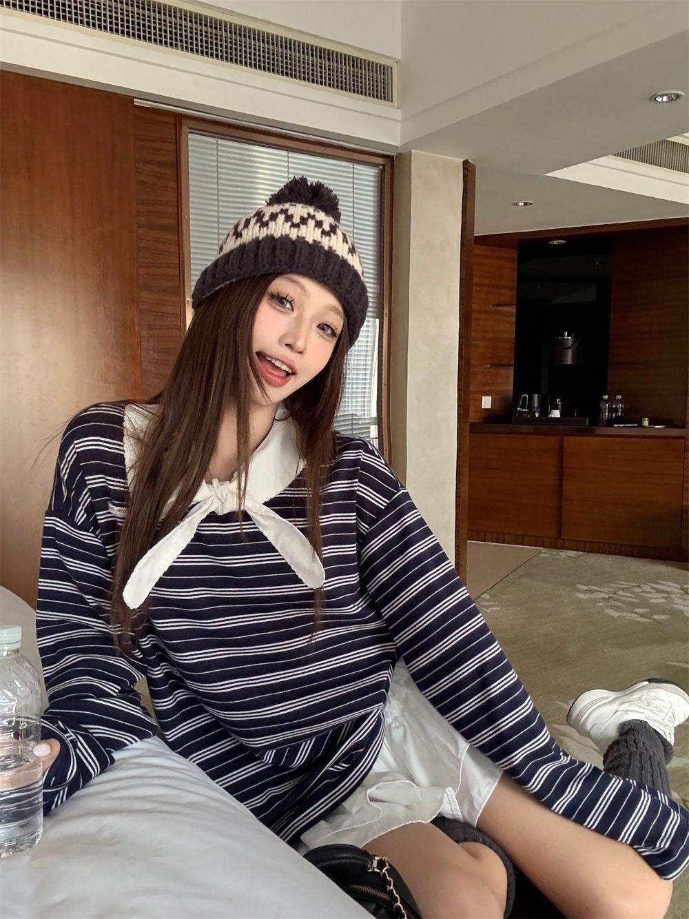 White Collar Stripe Navy Long Sleeve Top