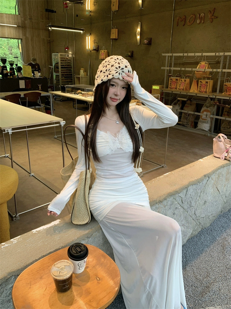 Cream White Mesh Long Skirt (S, M)