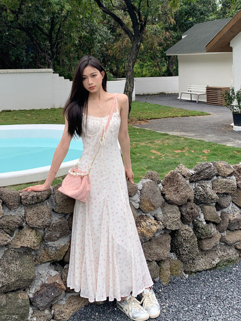 Pink Flower White Strap Long Dress (M)