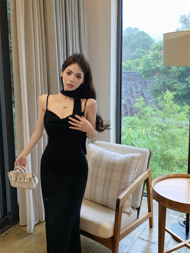 Bareback Strap Dress With Collar Strap (Black, Grey)