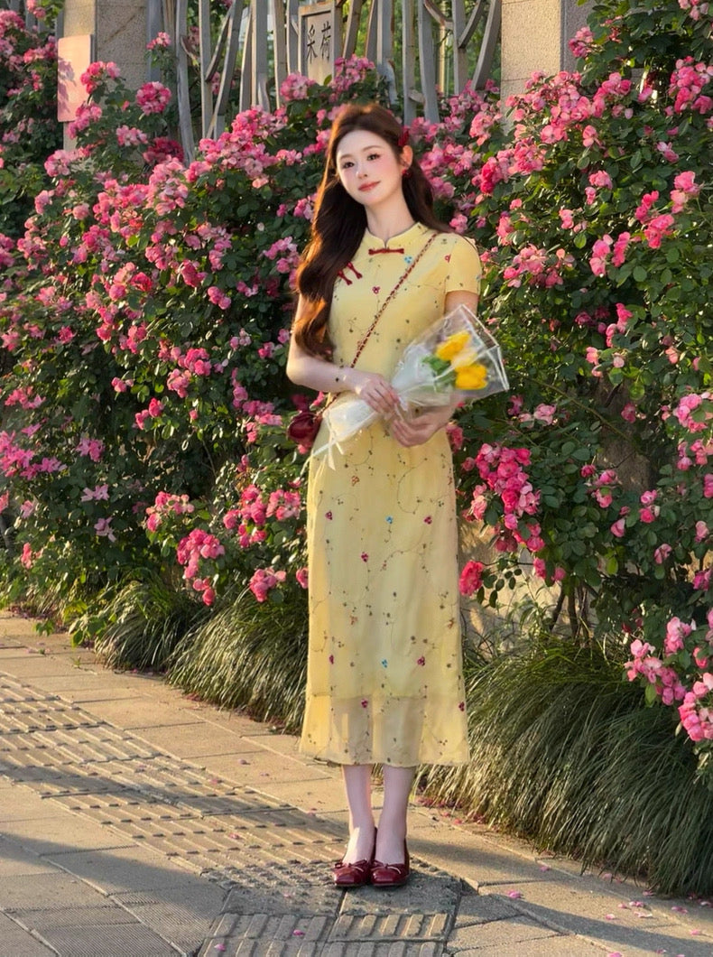 Red Button Yellow Cheongsam CD015 Long Dress (S, M)