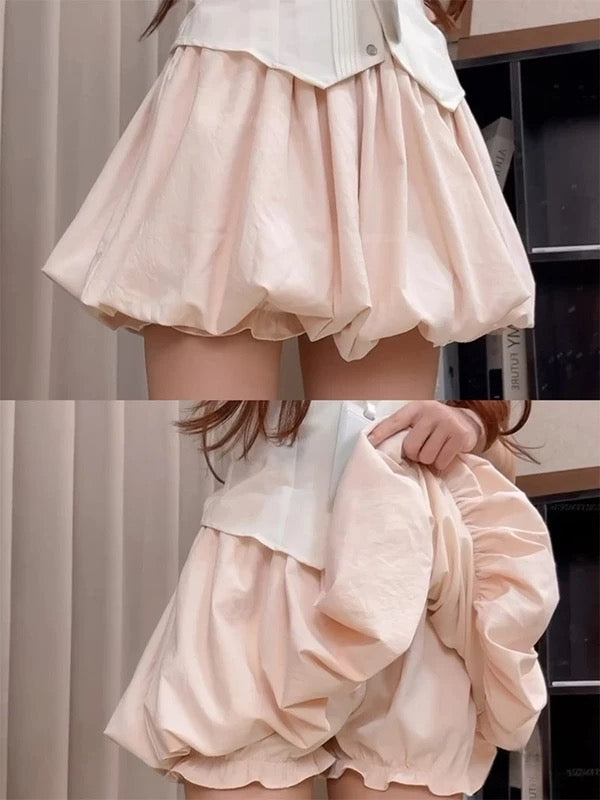 High Waist Lantern Skort Skirt SK12 (Pink, White)