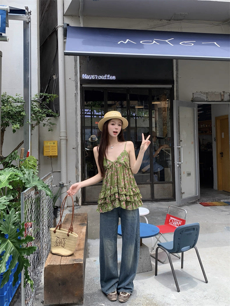 Green V Collar Chiffon Strap Floral Top