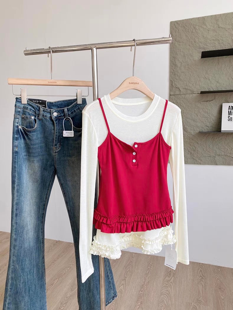 Red Top + Inner Long Sleeve Top