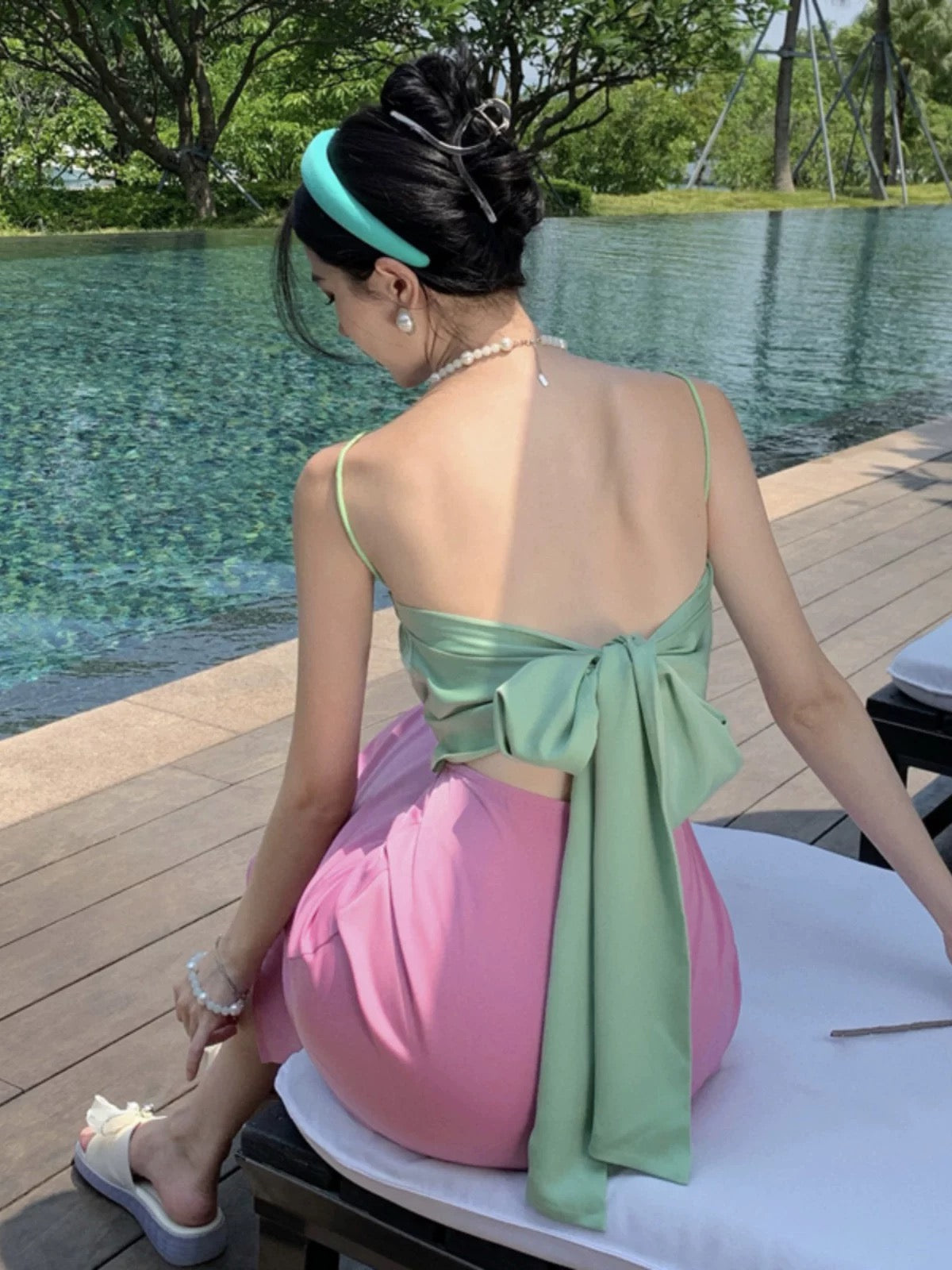 Green Mix Purple Satin Strap Dress (S, M)