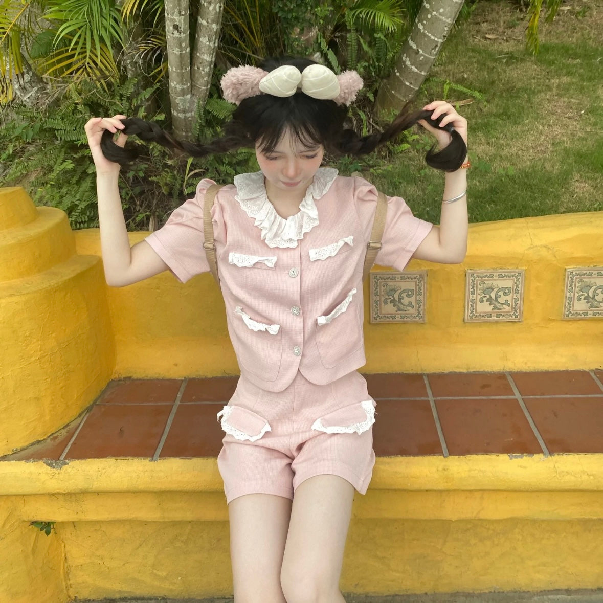 Lace Collar Top + Short Two Piece Set (Pink, Black)