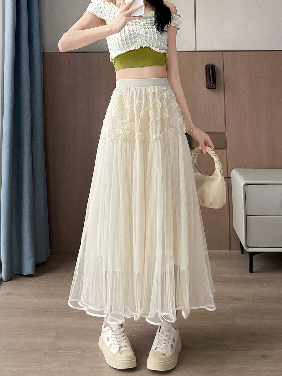 Beige 2D Rose Mesh Long Skirt