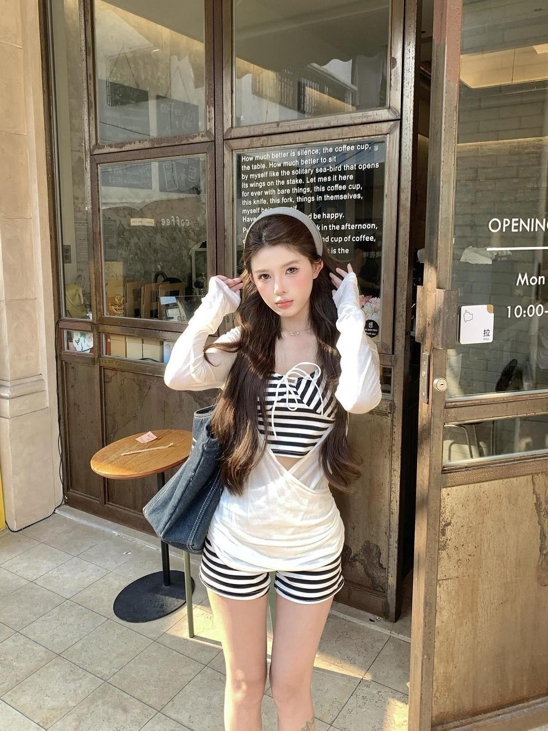 Stripe Singlet + Shorts + White Top Three Pieces Set