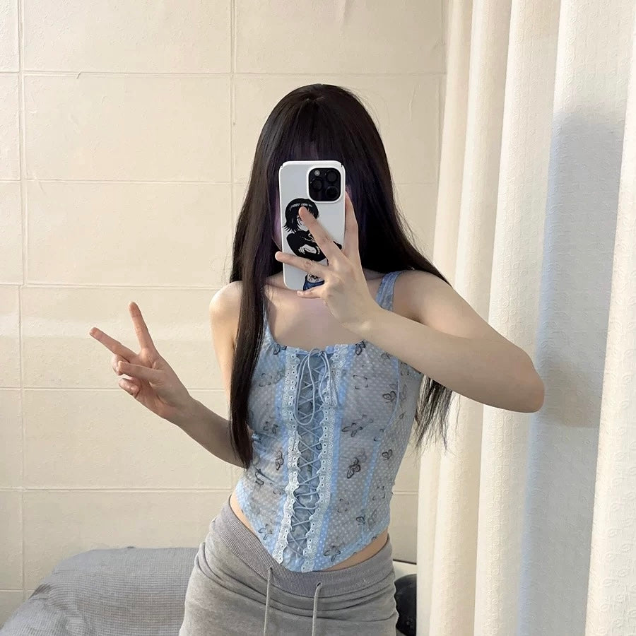 Blue Butterflies Mesh Top