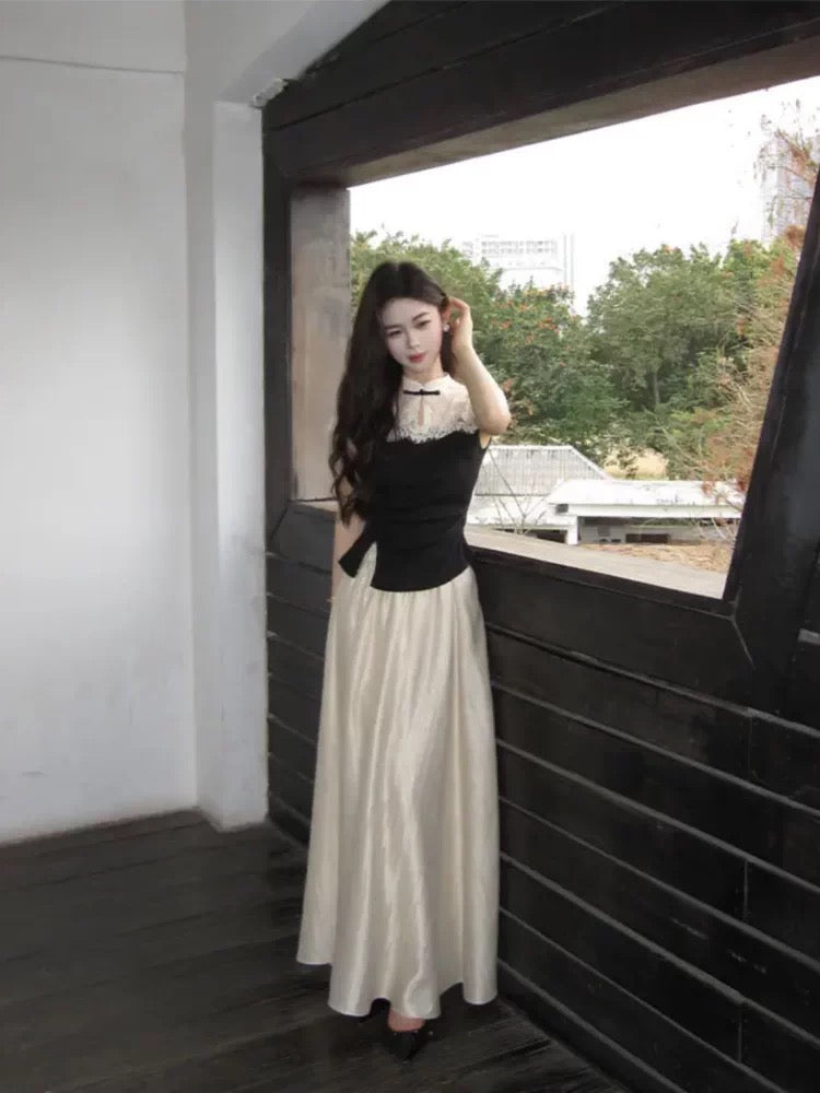 White Collar Black Cheongsam Top + Skirt Set