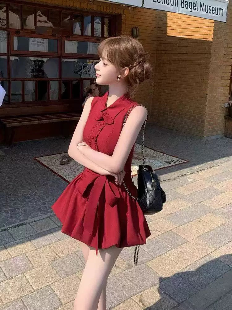 Sleeveless Collar Wine Red Dress
